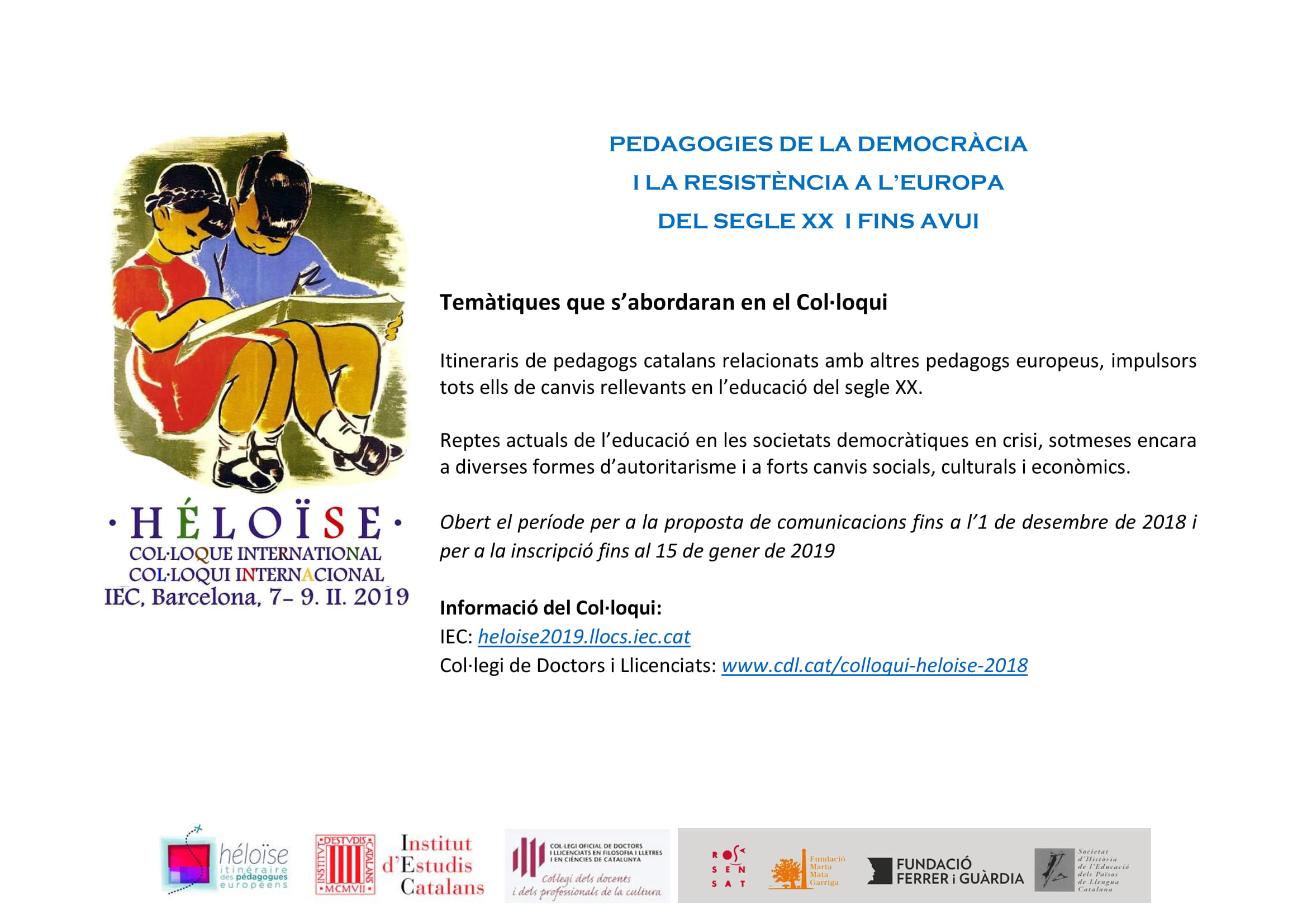 Col·loqui internacional Héloïse. Pedagogies de la democràcia i de la resistència a Europa: des del segle XX fins a l’actualitat